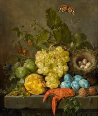 Johann Daniel Bager, Still Life with Fruit, Crab, Insects and a Bird's Nest on a Stone Table, Oil on copper