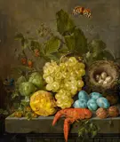 Johann Daniel Bager, Still Life with Fruit, Crab, Insects and a Bird's Nest on a Stone Table, Oil on copper