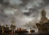 Georg Ludwig Eckhardt, View of a Harbour by Moonlight, Oil on canvas (relined)