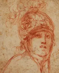 Florentine School circa 1600, A Young Man in a Helmet, Red chalk on paper, mounted