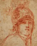Florentine School circa 1600, A Young Man in a Helmet, Red chalk on paper, mounted