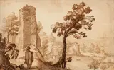 Remigio Cantagallina, A Southern Landscape with Ruins and a Man Sketching, Brown ink and wash on paper, mounted on laid paper