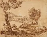 attributed to Domenico Campagnola, Landscape with Trees, Brown ink and wash on textured paper