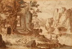attributed to Paul Bril, Landscape with Saint Anthony Abbas, Brown ink and brown and grey was