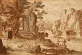 attributed to Paul Bril, Landscape with Saint Anthony Abbas, Brown ink and brown and grey was