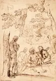 Simone Cantarini, Landscape and Figure Studies, Brown ink, mounted on laid paper