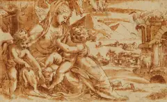 Paolo Farinati, Landscape with the Virgin and Child and Saint John, Brown ink and wash on laid paper