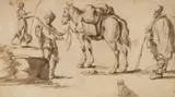 attributed to Pieter van Laer, Studies for a Southern Market Scene, Grey ink over graphite