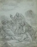 Venetian School 17th century, Christ Blessing Three of his Disciples, Chalk on tinted and textured paper