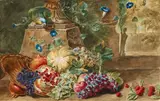 attributed to Michelangelo di Campidoglio, Fruit Still Life with a Parrot before a Park Landscape, Watercolour on paper
