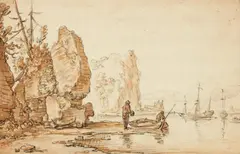 Jan van Aken, Rocky Coastal Landscape with Ships and Anglers, Brown ink and black chalk