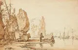 Jan van Aken, Rocky Coastal Landscape with Ships and Anglers, Brown ink and black chalk