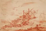 called Zeeman Reinier Nooms, Capsized Sailing Ship, Red chalk on thin laid paper