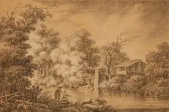River Landscape with an Angler and Washerwoman by Justus van Huysum, Black chalk highlighted in white, mounted on laid paper, offered Nov 2016