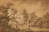 Justus van Huysum, River Landscape with an Angler and Washerwoman, Black chalk highlighted in white, mounted on laid paper