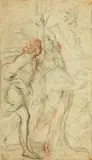 French School early 18th century, Apollo and Daphne, Black and red chalk