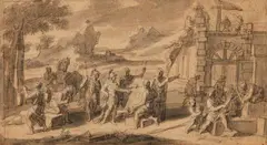 François-Alexandre Verdier, A Commander Surveying the Construction of a Temple, Black chalk, grey was