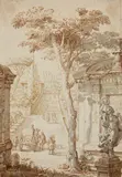 attributed to Jan Frans van Bloemen, An Italian Garden, Brown ink and grey pencil on paper, mounted on card