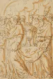 Scenes from a Procession by Louis Félix de La Rue, Black ink and brown wash on paper, mounted, offered Nov 2016
