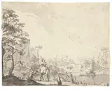 Franz de Paula Ferg, River Landscape with a Castle, Grey ink and wash on laid paper