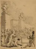 French School, circa 1800, Street Scene during the Revolution, Grey ink and wash, mounted on laid paper