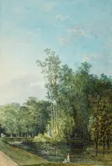 Louis Belanger, Park Landscape with a Pond and a Bridge, Watercolour