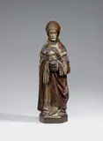 A presumably French carved wooden figure of a Bishop Saint (possibly Dionysius), second half 15th century. by Probably France second half 15th century, Carved three-quarters in the round, the reverse flattened. Remains of partially overpainted older polychromy.. A standin, offered Nov 2016