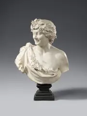 Italy 18th century, An 18th century Italian marble bust of Bacchus, Carved three-quarters in the round, the reverse hollowed out. Minimal remains of former partial polychromy. A finely carved depiction of Bacchus wearing a grapevine crown and a lion's pelt wrapped around his upper body, with the head and paw of the lion draped over his right shoulder. Minimal wear. Mounted on a contemporary moulded marble base