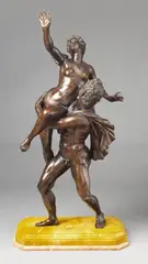 called Giambologna Giovanni di Bologna, A large bronze group after Giambologna, With fine golden brown patina, on a yellow Giallo di Siena marble base. Depicting the rape of a Sabine woman. A large chip to the edge of the base. H