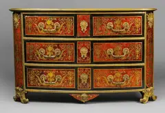 An important Parisian Louis XIV commode attributed to Nicolas Sageot, An important Parisian Louis XIV commode attributed to Nicolas Sageot, Ormolu and brass mounted and inlaid with tortoiseshell, engraved brass and ebony on softwood and oak. An important courtly cabinet with three drawers designed to appear as six drawers. The centre and rounded angles accentuated with marquetry and bronze mountings. The back angles breakfront. All elements separated with bands of brass. Older restorations over cracks and losses, the brass inlays warped in places, traces of glue, the back panel replaced. H 81, W 133, D