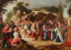 Antwerp School circa 1600, St Veronica offering Jesus the veil, Oil on panel (parquetted)
