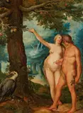 Flemish School Early 17th century, Adam and Eve at the Tree of Knowledge Eve passing Adam the Forbidden Fruit, Oil on copper. Each