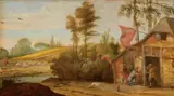 Flemish School 18th century, Summer Landscape with Tavern, Oil on panel