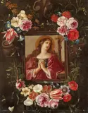 Flemish School, 2nd half 17th century, Floral Garland with the Penitent Mary Magdalene, Oil on copper