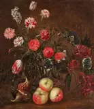 Still Life with Flowers in a Glass Vase, Apples and Figs by circle of Jan Fyt, Oil on canvas (relined), sold Sep 2016