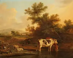 Johannes Janson, Landscape with a Shepherd, Cows, Sheep and Goats, Oil on panel