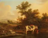 Johannes Janson, Landscape with a Shepherd, Cows, Sheep and Goats, Oil on panel