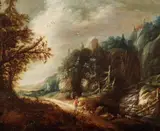 Path in a Mountainous Landscape by circle of Kerstiaen de Keuninck, Oil on panel (parquetted), offered Sep 2016