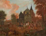 attributed to Theobald Michau, At the Church Square, Oil on canvas