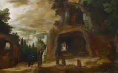 Landscape with Monks by a Grotto by Joos de Momper, Oil on wood, sold Sep 2016