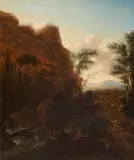 Netherlandish School early 18th century, Rocky Landscape with Hunters, Oil on canvas (relined)