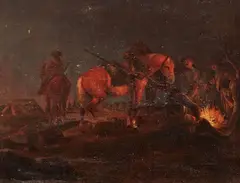Wenzel Ignaz Brasch, Riders and Horses by a Campfire at Night, Oil on canvas (relined)