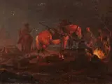 Wenzel Ignaz Brasch, Riders and Horses by a Campfire at Night, Oil on canvas (relined)