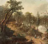 Johann Heinrich Ramberg, Wooded Landscape with a busy Road, Oil on canvas (relined)