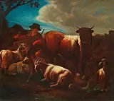A Shepherd and his Flock in a Landscape by Philipp Peter Roos, called Rosa Da Tivoli, follower of, Oil on canvas (relined), sold Sep 2016