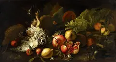Simone del Tintore, Still Life with an Owl and a Pomegranate, Oil on canvas