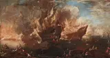attributed to Cornelis de Wael, Naval Battle, Oil on canvas (relined)