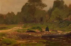 Eugen Dücker, Landscape with a Seated Man, Oil on paper, mounted on hardboard