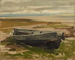 Eugen Dücker, Coastal Landscape with a Boat, Oil on canvas, mounted on card