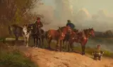 Carl Haag, Barge Haulers with their Horses on a River Bank, Oil on canvas